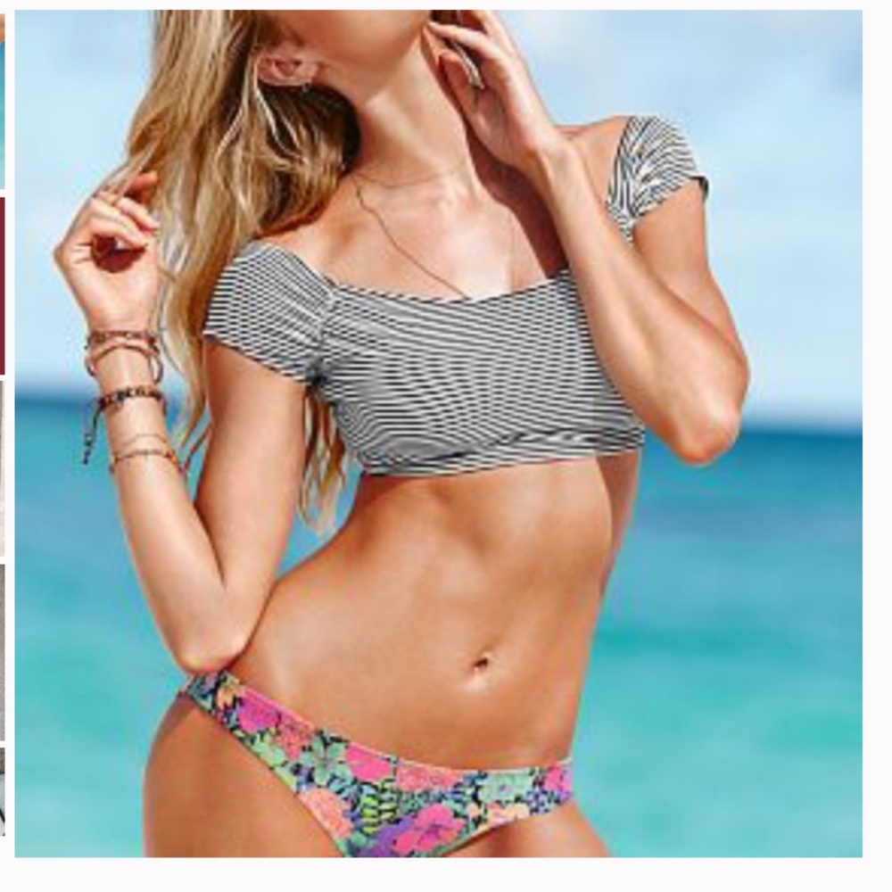 Victoria Secret Off the Shoulder Black and White Striped Swimsuit Top